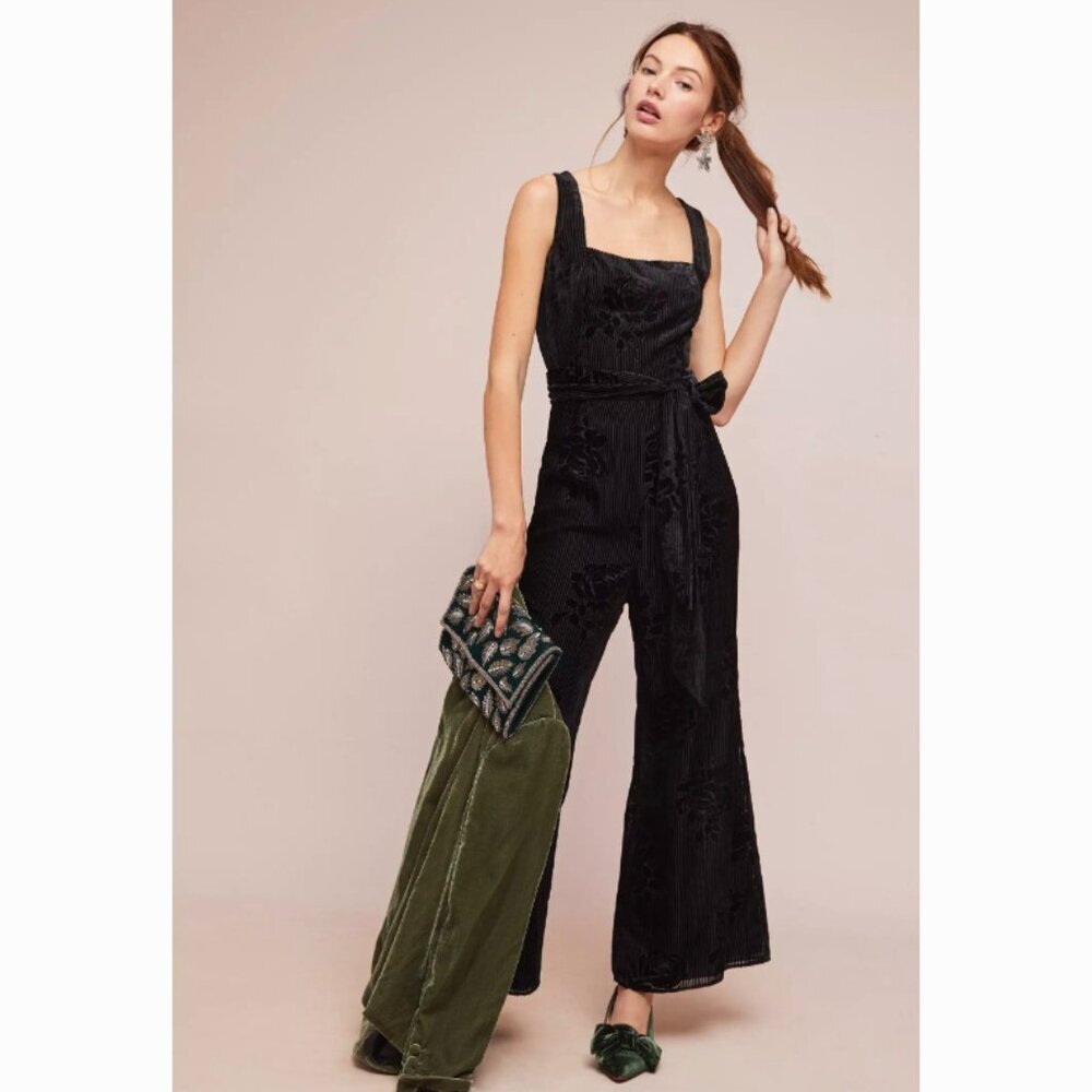 Moulinette Soeurs Anthropologie Noir Velvet Burnout Roses Jumpsuit black size 10